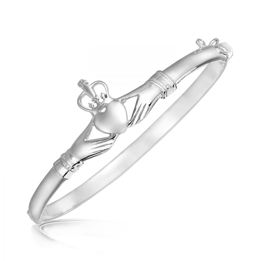 Sterling Silver Claddagh Style Thin Bangle with Rhodium Plating