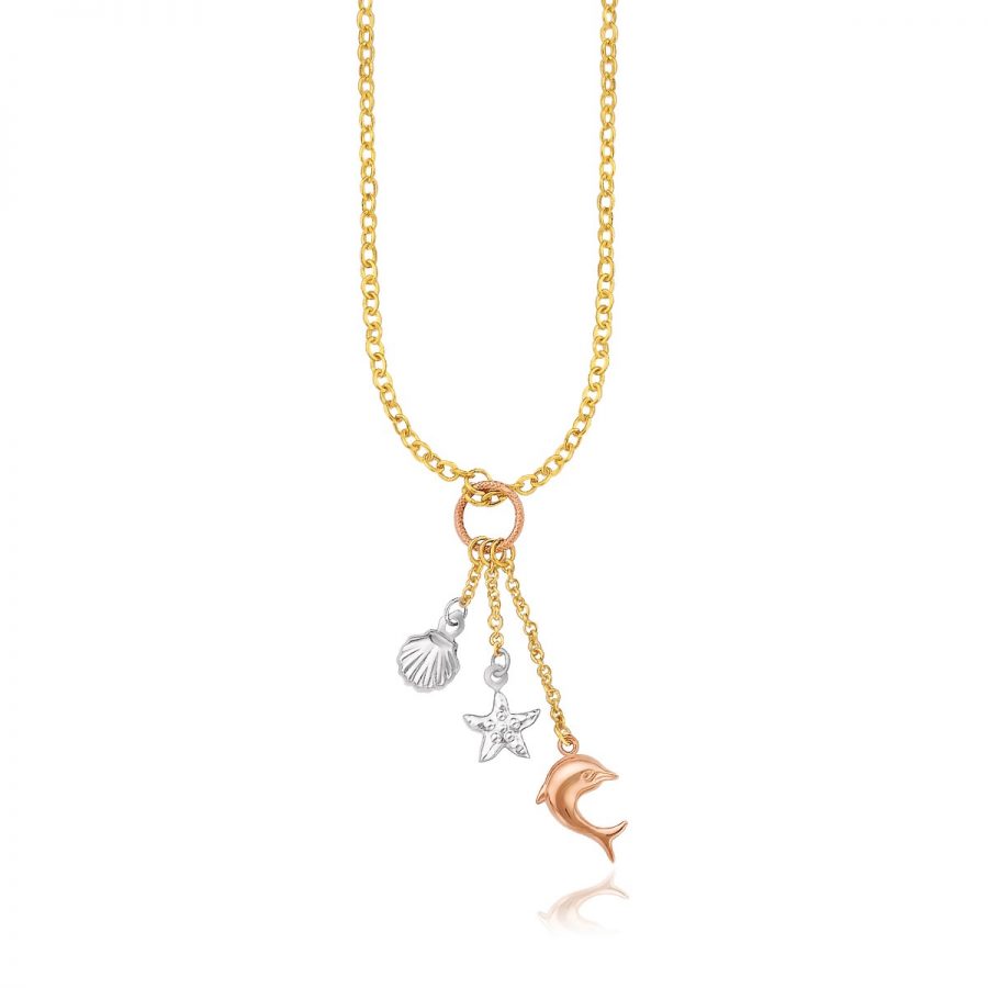 14K Tri-Color Gold Sea Life Drop Pendant Necklace