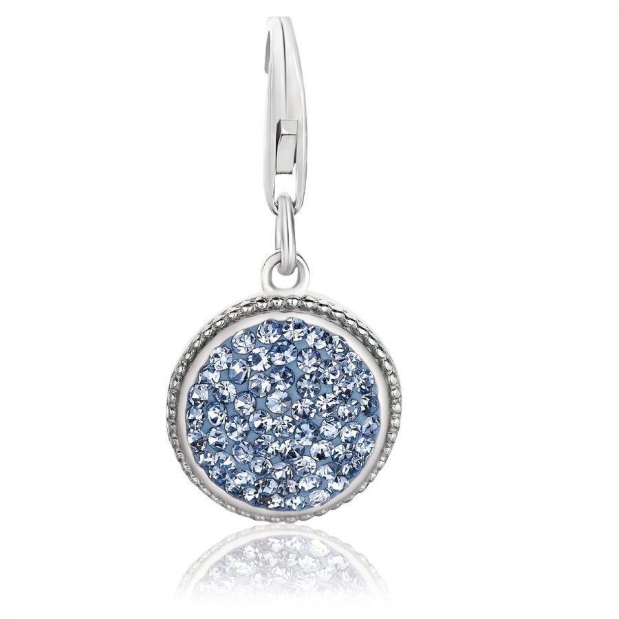 Sterling Silver Round Charm with Light Blue Crystal Embellishments