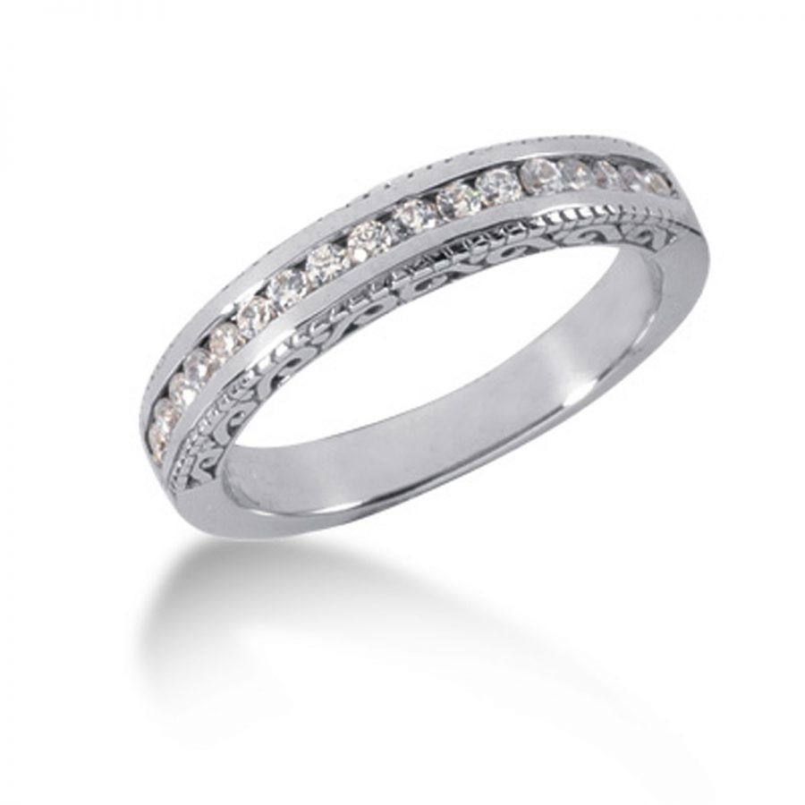 14K White Gold Vintage Style Engraved Diamond Channel Set Wedding Ring Band