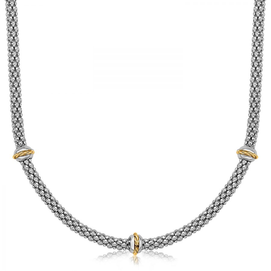 18K Yellow Gold and Sterling Silver Popcorn Necklace with Cable Motif Stations