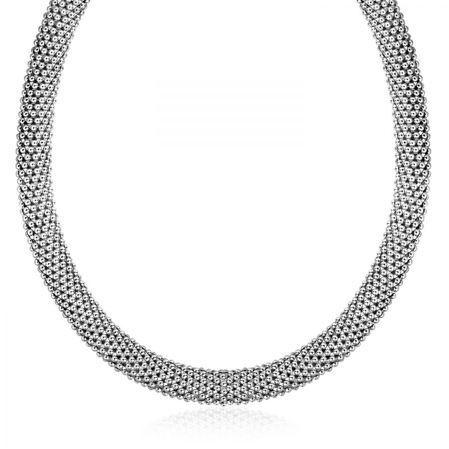 Sterling Silver Rhodium Plated Rounded Design Mesh Necklace