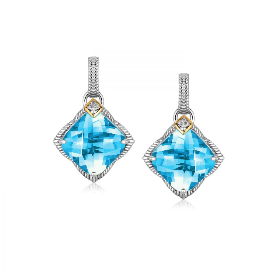 18K Yellow Gold and Sterling Silver Cushion Blue Topaz and Diamond Drop Earrings