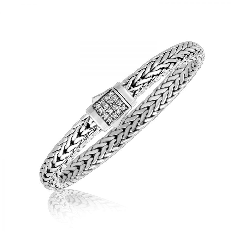 Sterling Silver Braided Style Men's Bracelet with White Sapphire Stones