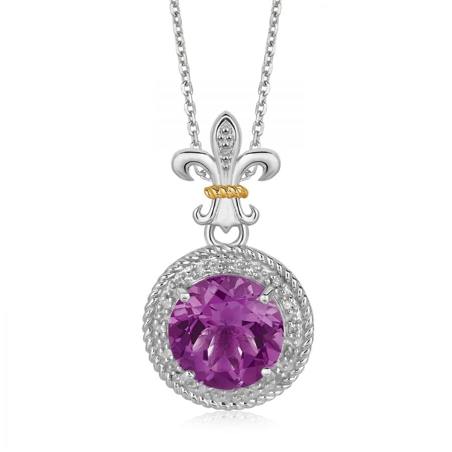 18K Yellow Gold and Sterling Silver Amethyst and Diamonds Fleur De Lis Pendant