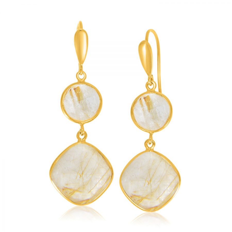 Sterling Silver Yellow Gold Plated Golden Rutilated Quartz Earrings