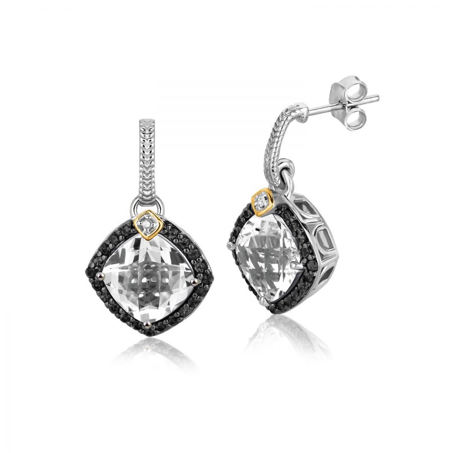 18K Yellow Gold and Sterling Silver Cushion Crystal Quartz and Diamond Earrings