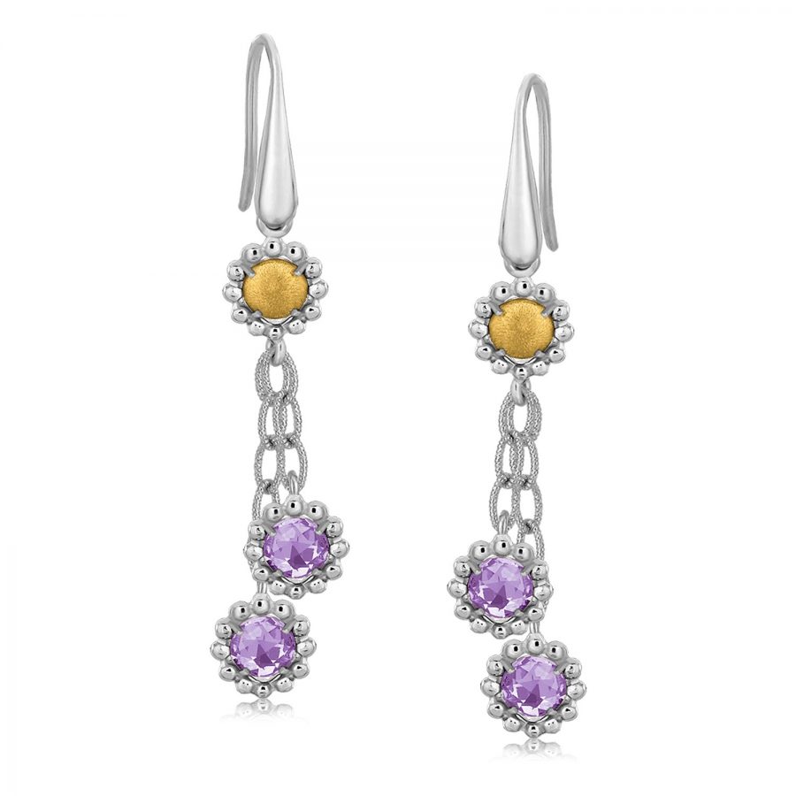 18K Yellow Gold and Sterling Silver Flower Style Amethyst Accented Earrings