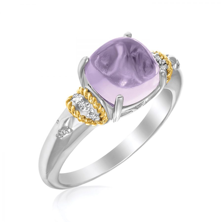 18K Yellow Gold & Sterling Silver Prong Set Square Amethyst and Diamond Ring