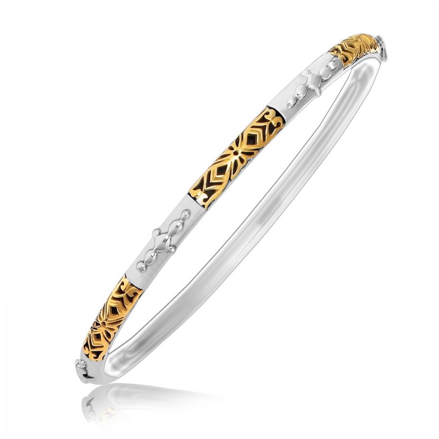 18K Yellow Gold and Sterling Silver Slim Bangle with Bead and Filigree Motifs