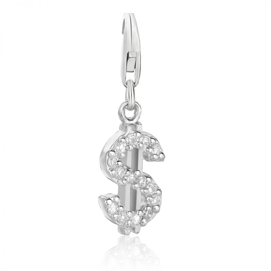 Sterling Silver Dollar Sign Charm with White Tone Crystal Accents