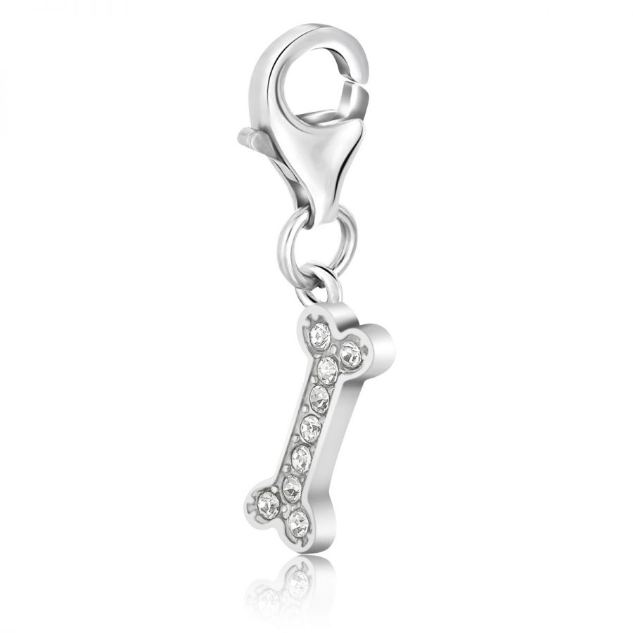 Sterling Silver Dog Bone Charm with White Tone Crystal Accents