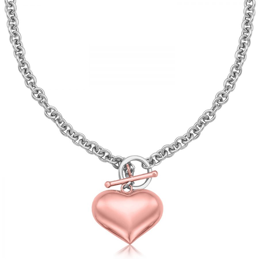 Sterling Silver Rolo Chain Necklace with a Rose Gold Plated Puff Heart Accent