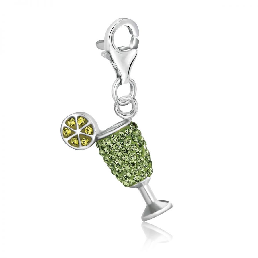 Sterling Silver Cocktail Glass Green Tone Crystal Encrusted Charm