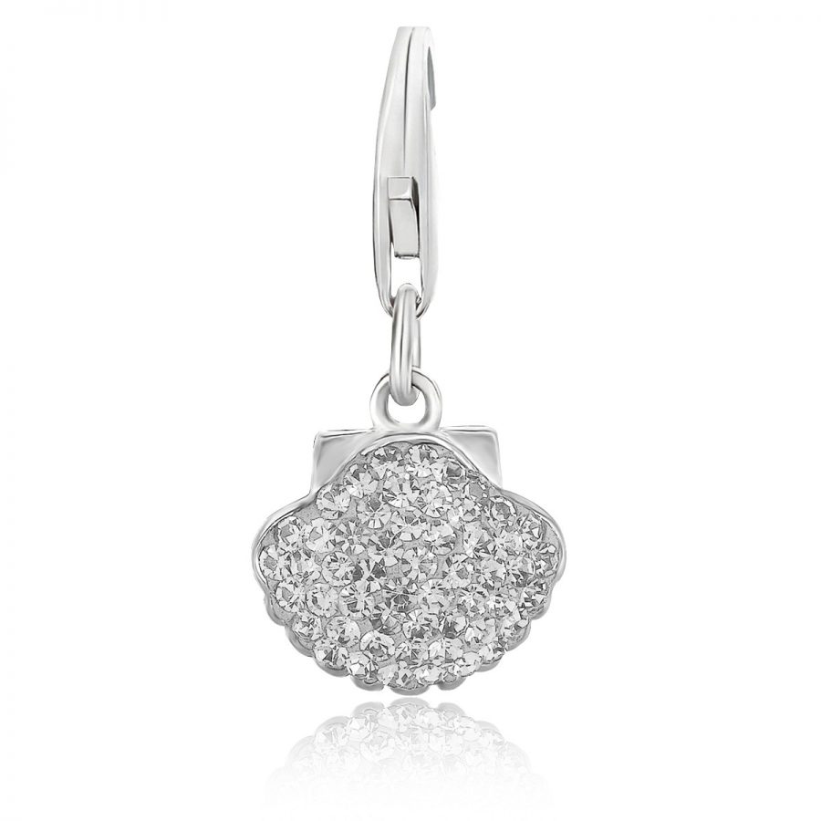Sterling Silver White Tone Crystal Studded Sea Shell Charm