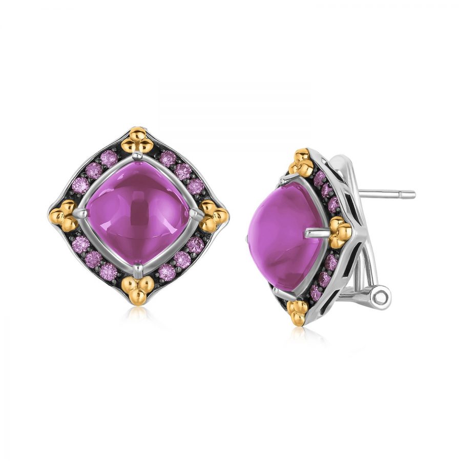 18K Yellow Gold and Sterling Silver Amethyst Earrings with Pink Sapphires