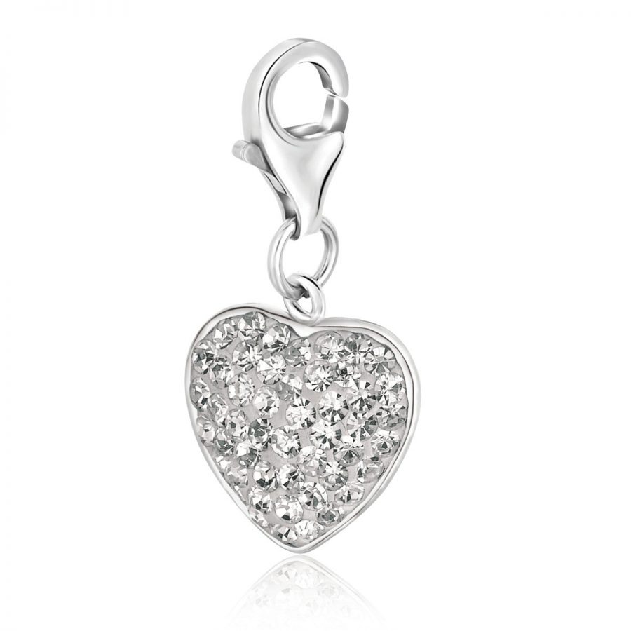 Sterling Silver Heart Charm with White Tone Crystal Accents