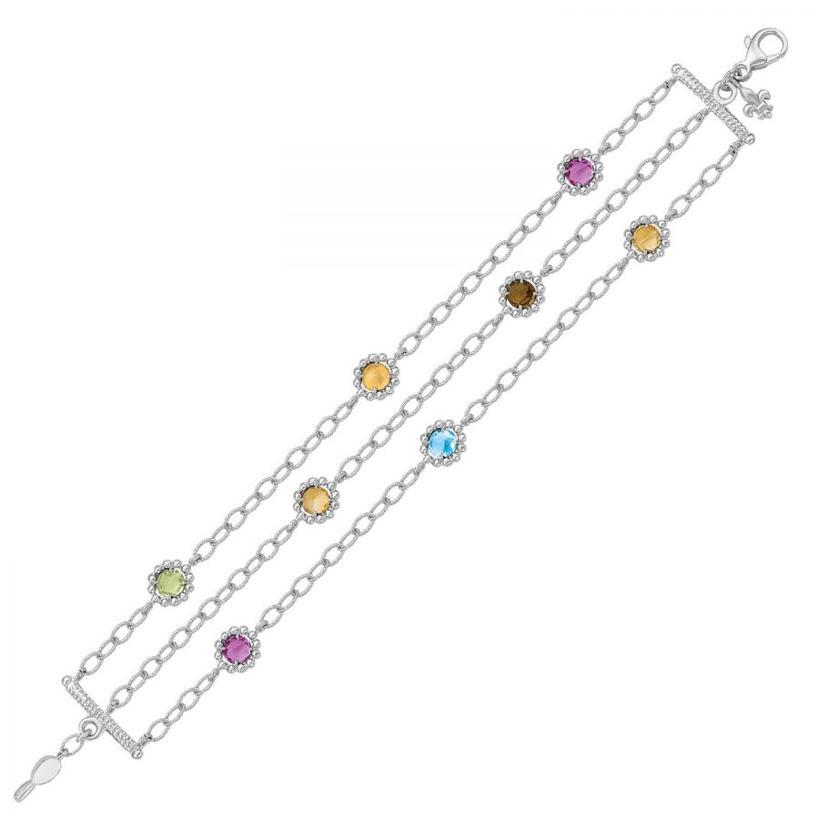 18K Yellow Gold and Sterling Silver 3 Chain Design Bracelet with Multi Stones