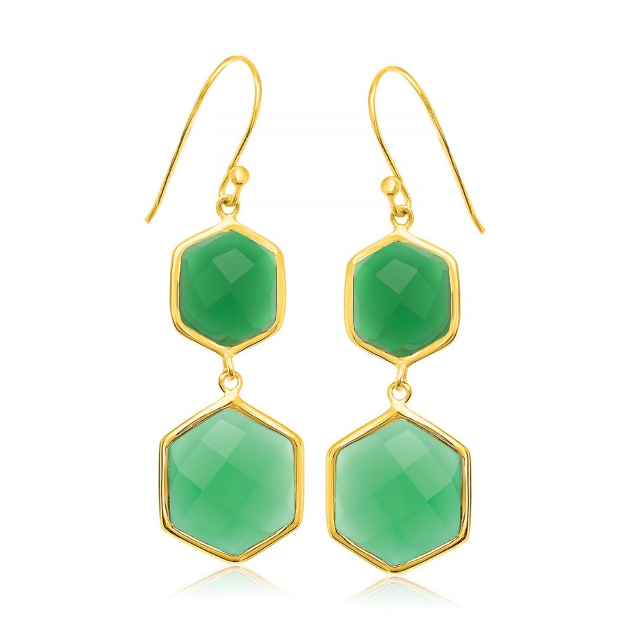 Sterling Silver Yellow Gold Plated Hexagon Green Onyx Dangling Earrings