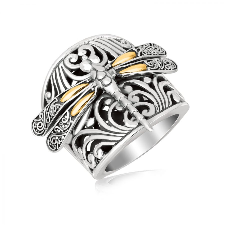 18K Yellow Gold and Sterling Silver Dragonfly and Flourishes Ring