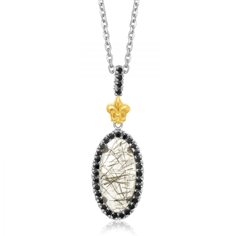 18K Yellow Gold & Sterling Silver Oval Rutilated Quartz and Black Spinel Pendant