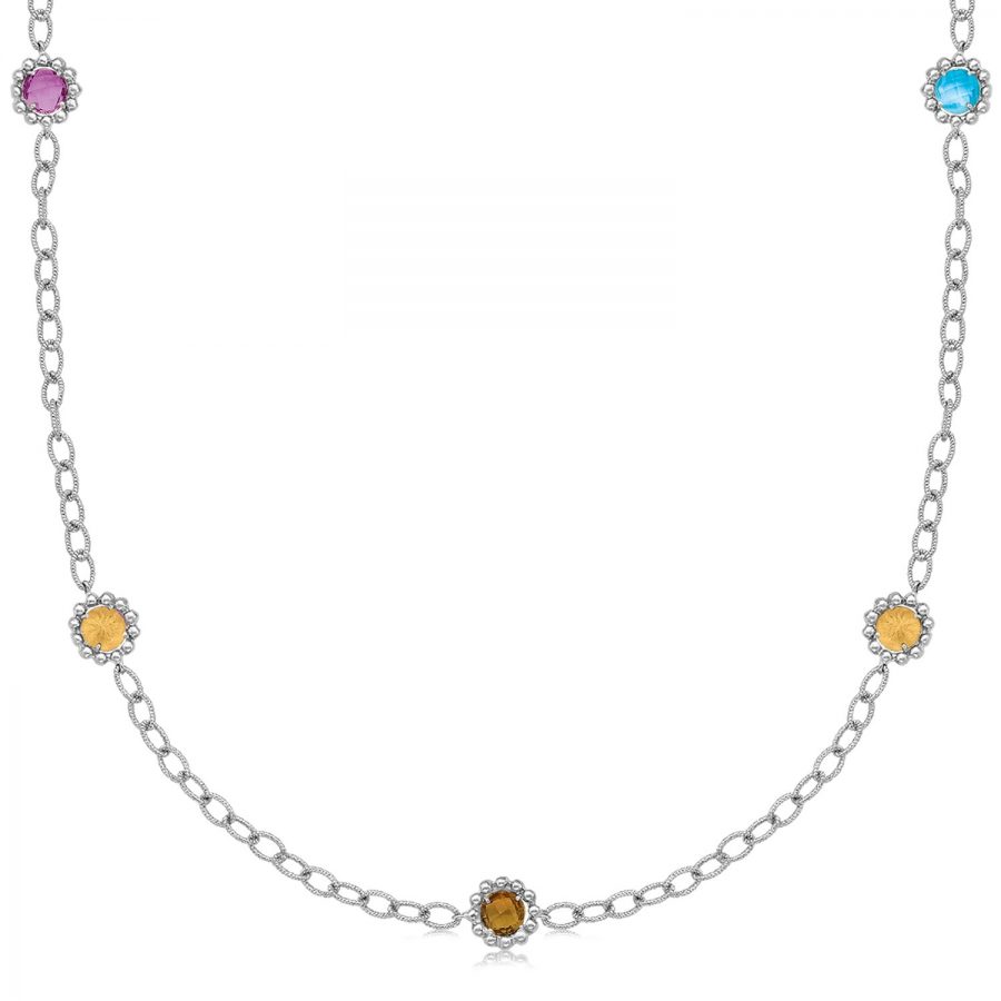 18K Yellow Gold and Sterling Silver 17'' Chain Necklace With Multi Gemstones