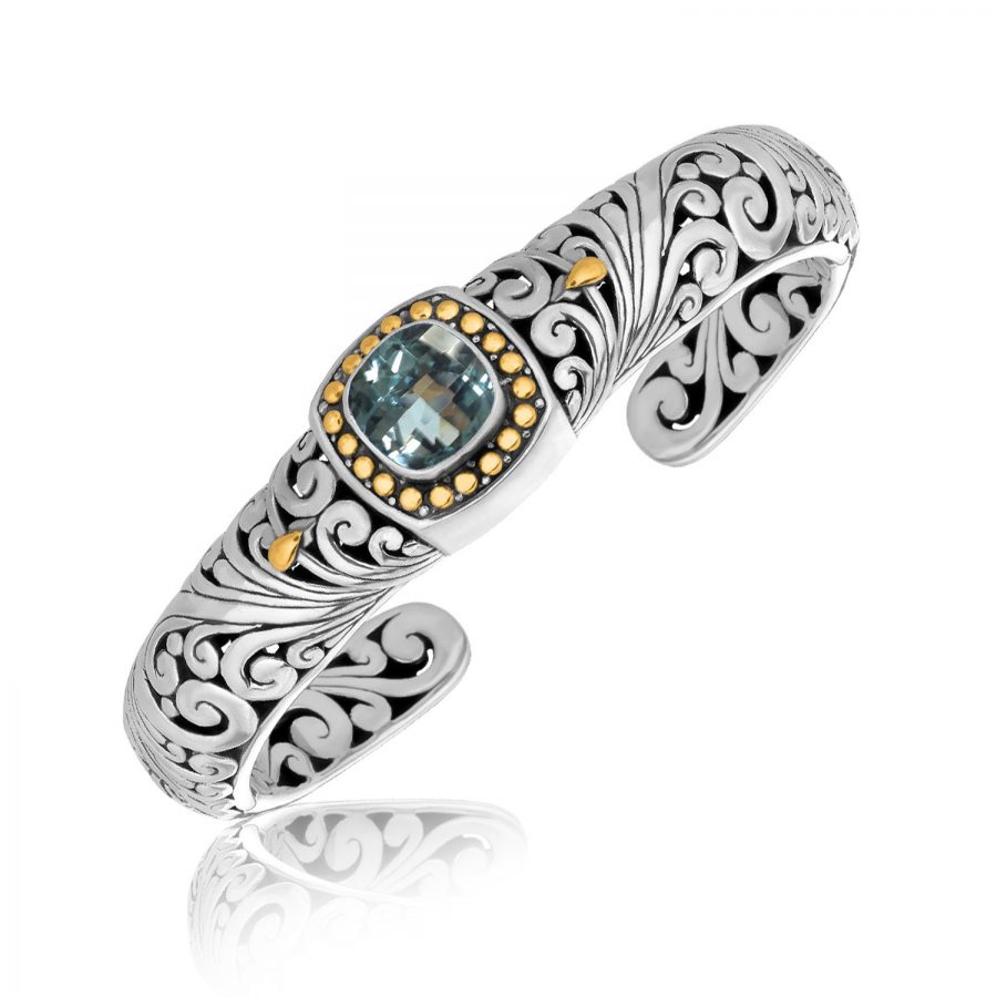 18K Yellow Gold and Sterling Silver Baroque Open Bangle with a Blue Topaz Stone