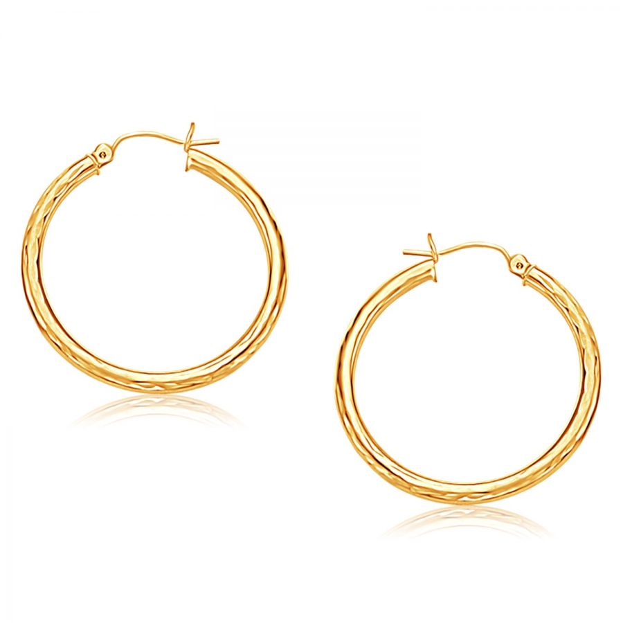 14K Yellow Gold Hoop Earring with Diamond-Cut Finish (30 mm Diameter)