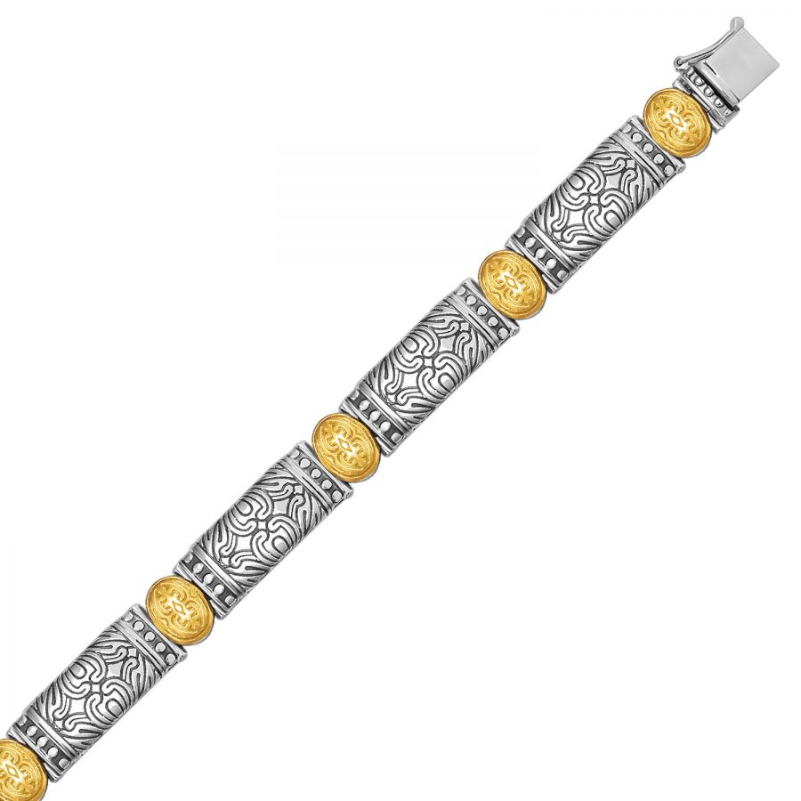 18K Yellow Gold and Sterling Silver Baroque Bracelet with Bar and Oval Links