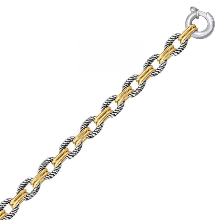18K Yellow Gold and Sterling Silver Dual Polished and Cable Style Chain Bracelet