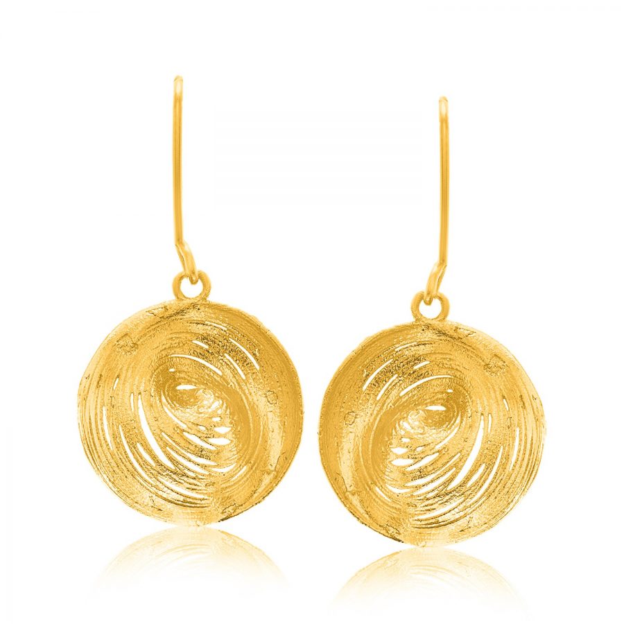 14K Yellow Gold Fancy Lace Like Clam Shell Dangling Earrings