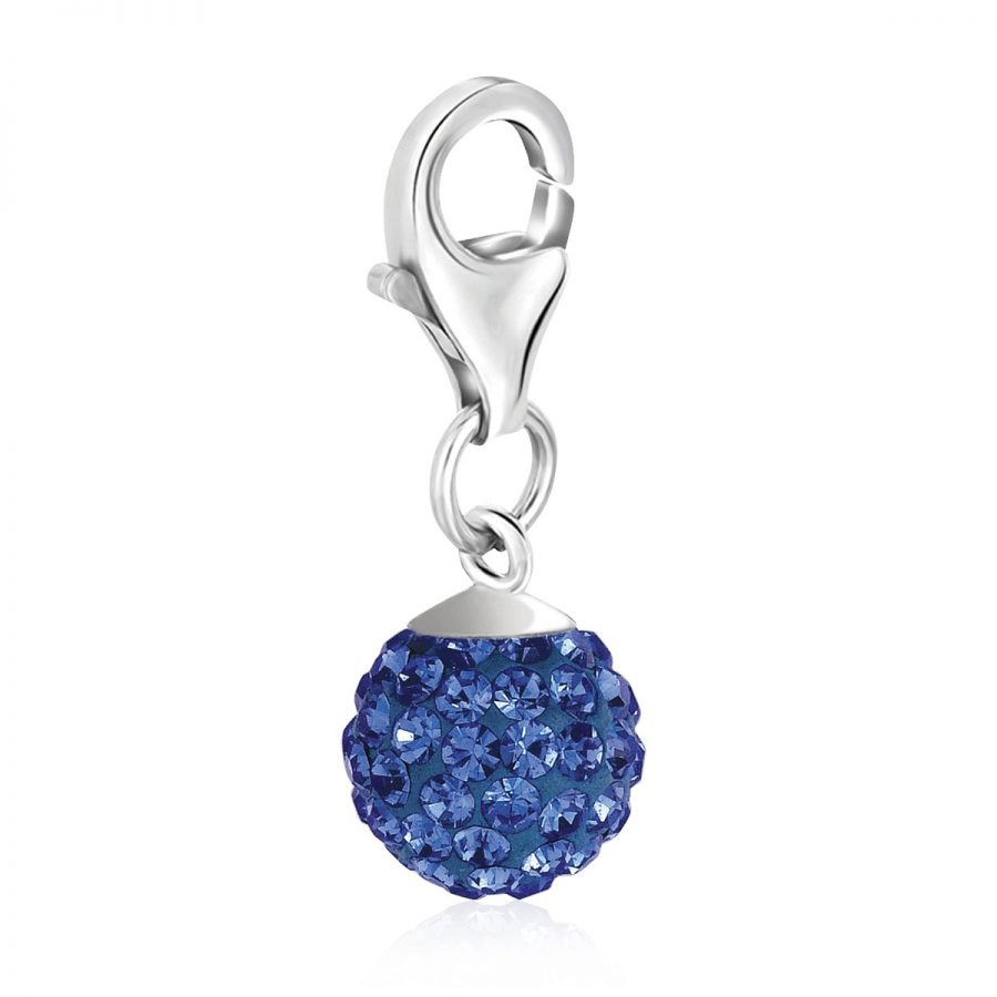 Sterling Silver September Birthstone Round Charm with Blue Tone Crystal Accents