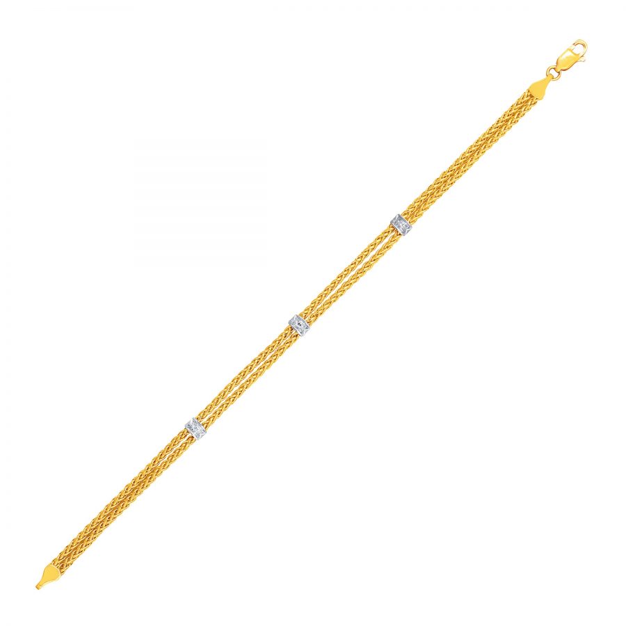 14K Two-Tone Gold Dual Wheat Chain Bracelet with Diamond Stations (.02 ct. tw.)