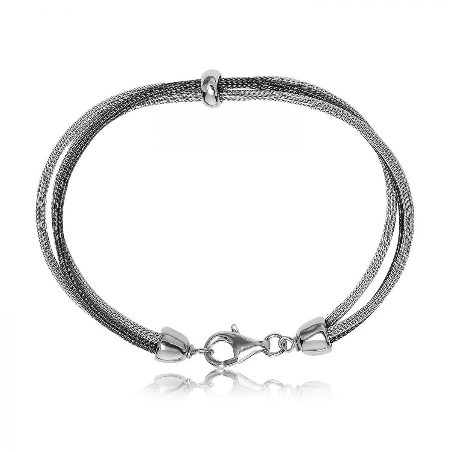 Sterling Silver Rhodium and Ruthenium Plated Wheat Motif Bracelet