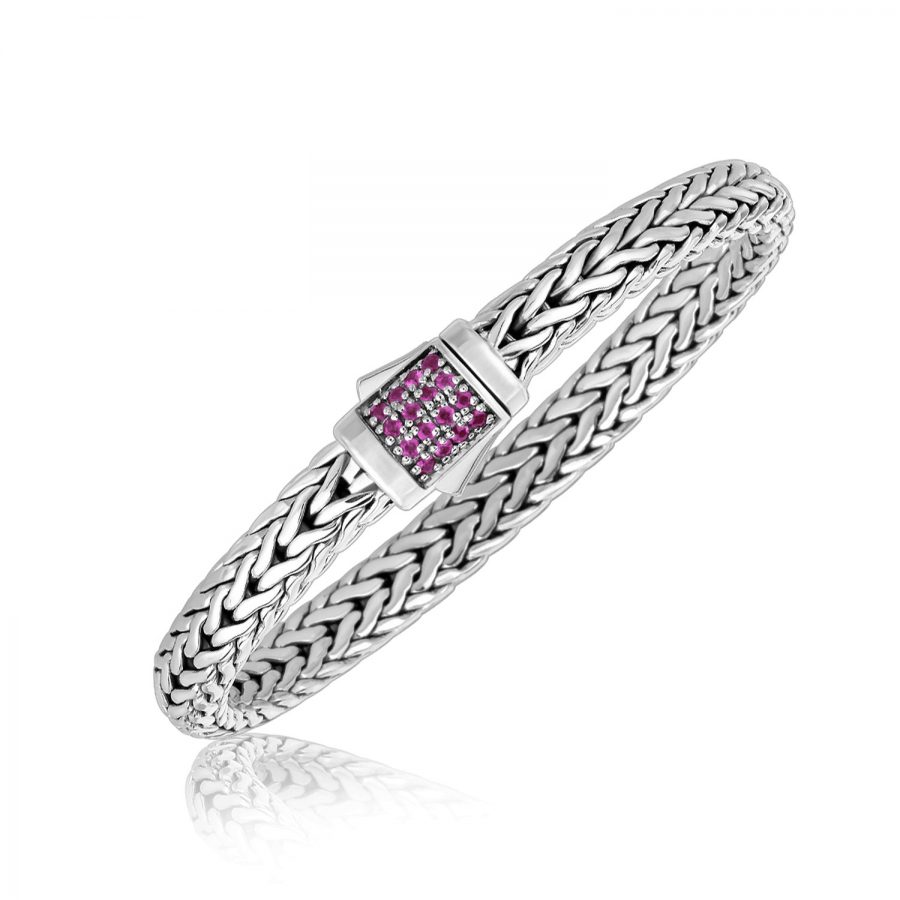 Sterling Silver Braided Style Men's Bracelet with Pink Sapphire Accents