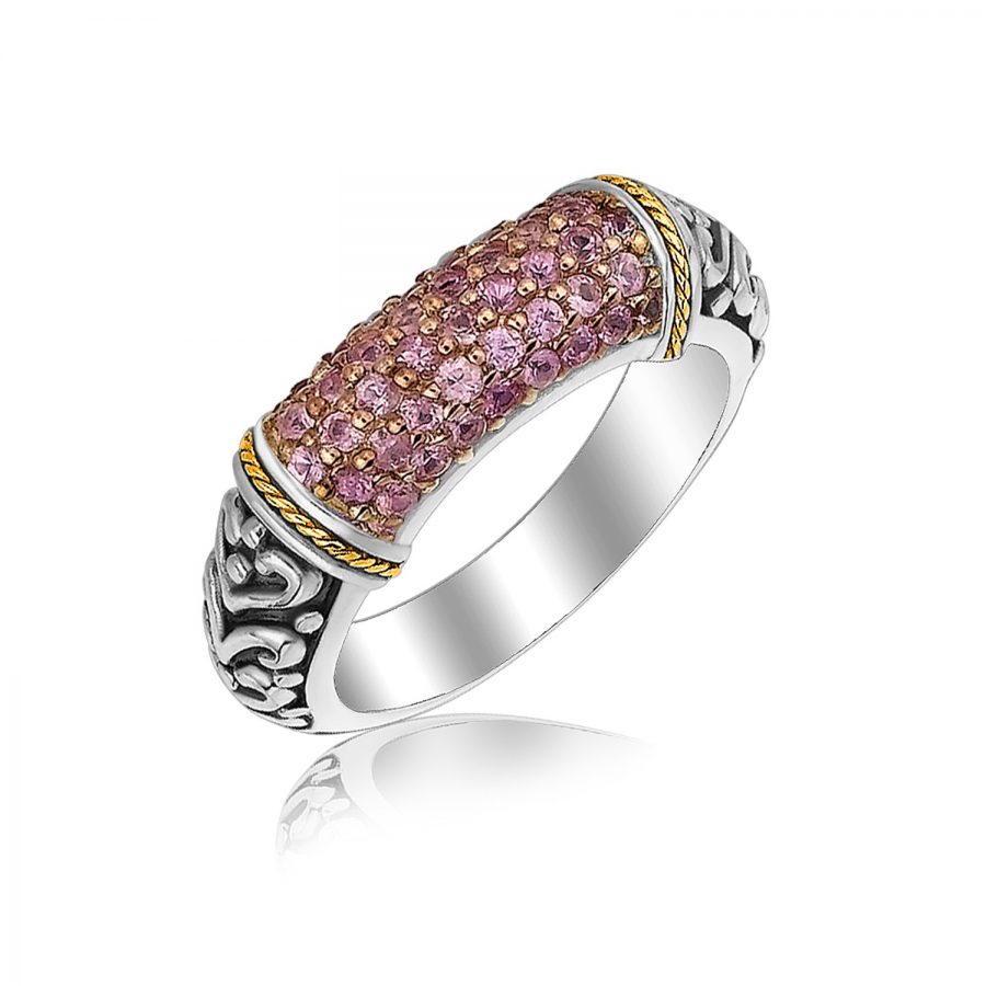 18K Yellow Gold and Sterling Silver Scrollwork Style Ring with Pink Amethysts