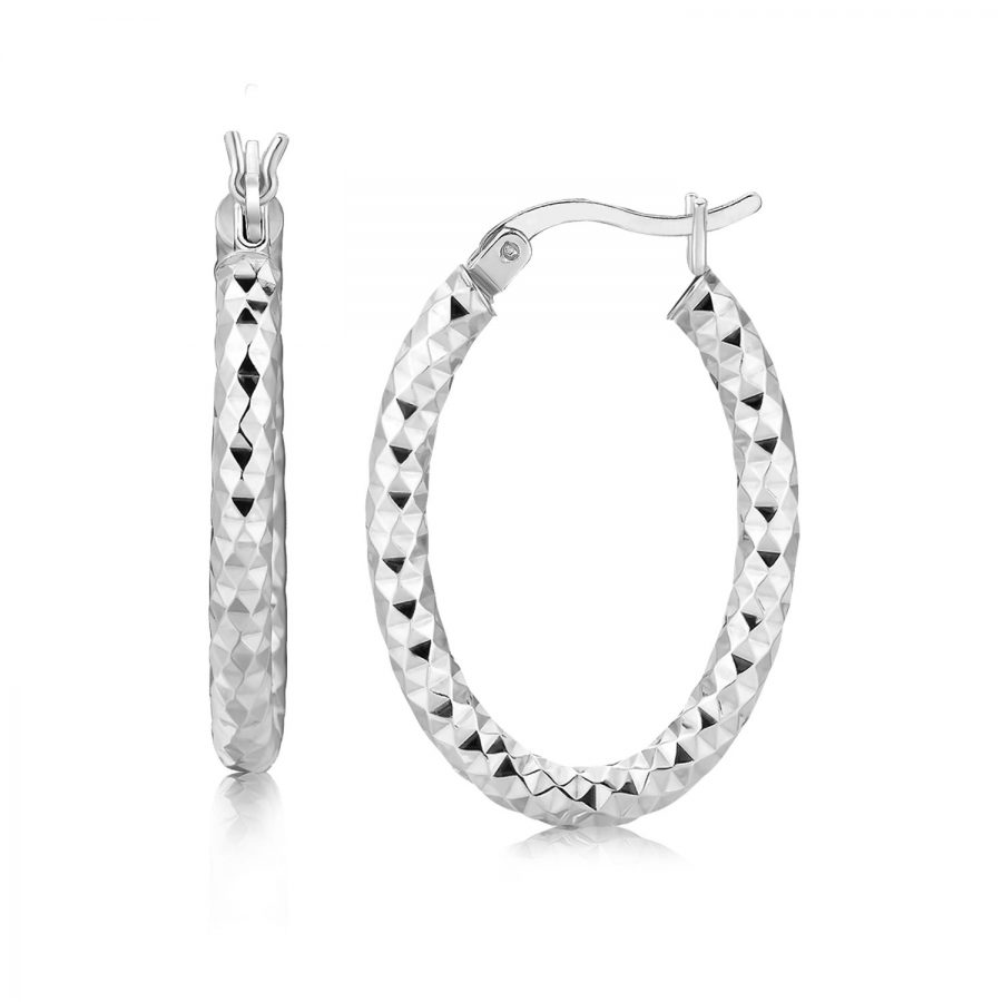 Sterling Silver Thick Oval Motif Hoop Diamond Cut Earrings with Rhodium Plating