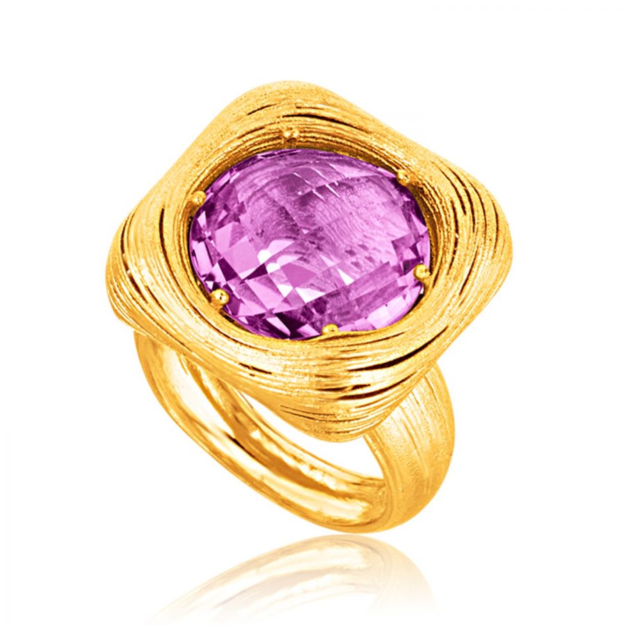 Italian Design 14K Yellow Gold Filament Ring with Round Amethyst