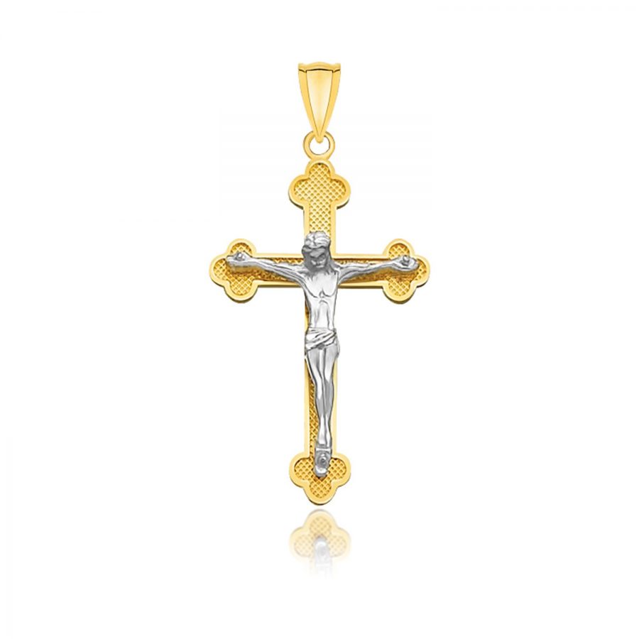 14K Two-Tone Gold Budded Crucifix with Figure Pendant