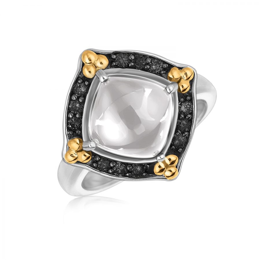 18K Yellow Gold and Sterling Silver Rock Crystal Ring with Black Sapphires