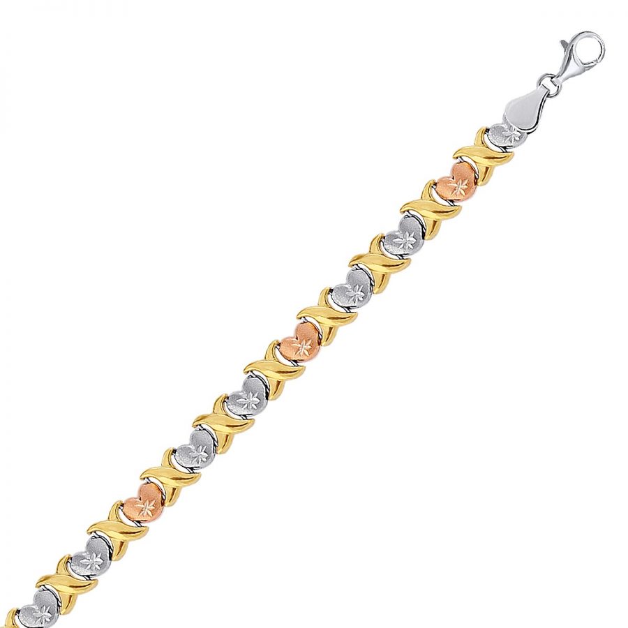 14K Yellow and Rose Gold and Sterling Silver Diamond Cut Heart Chain Bracelet