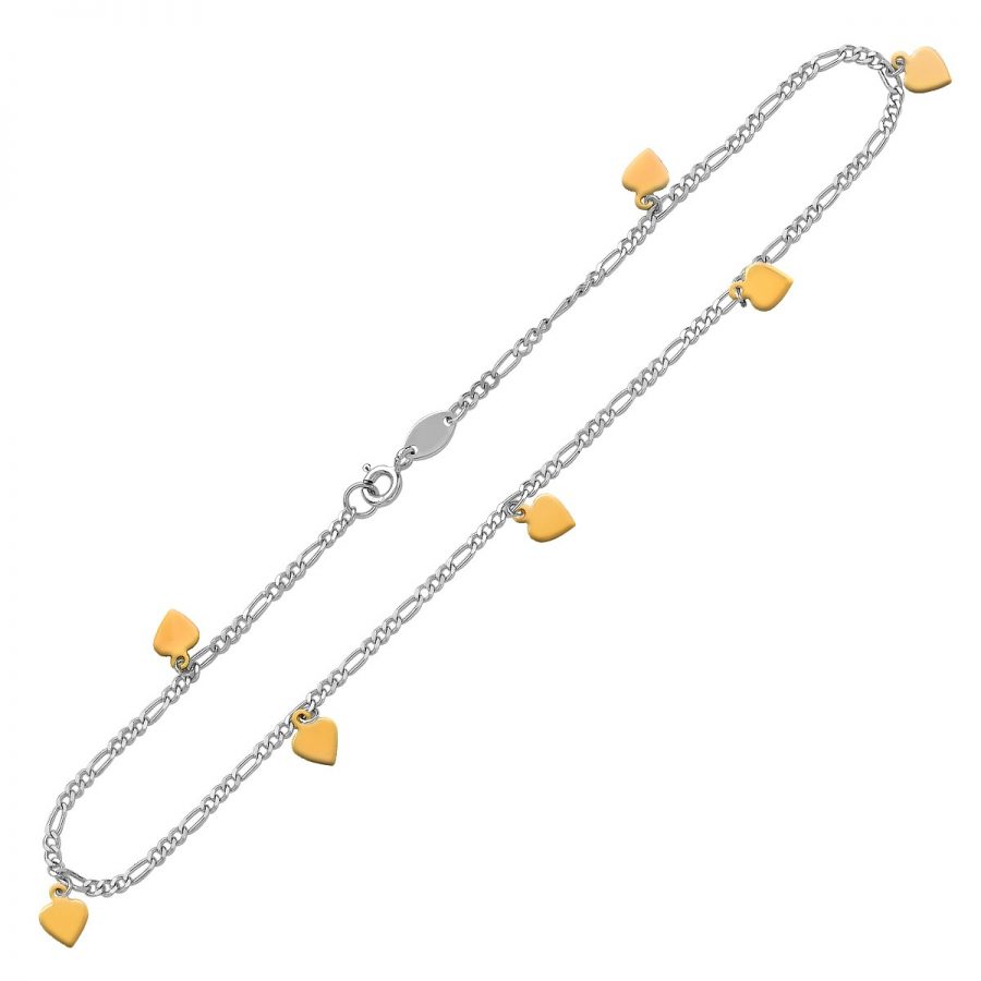 14K Yellow Gold and Sterling Silver Anklet with Heart Charms