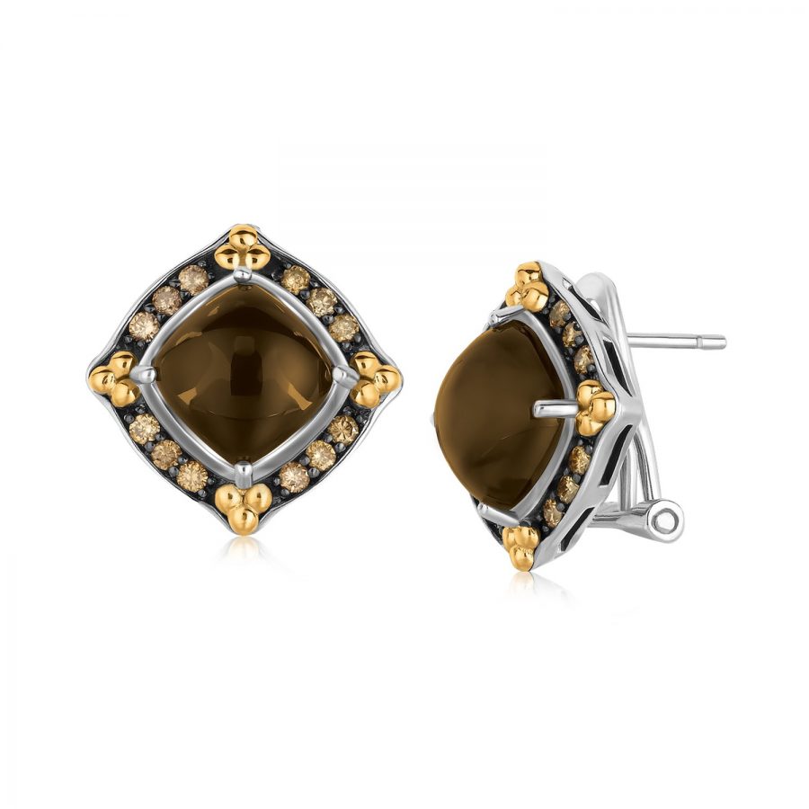 18K Yellow Gold and Sterling Silver Smokey Quartz Earrings with Coffee Diamonds