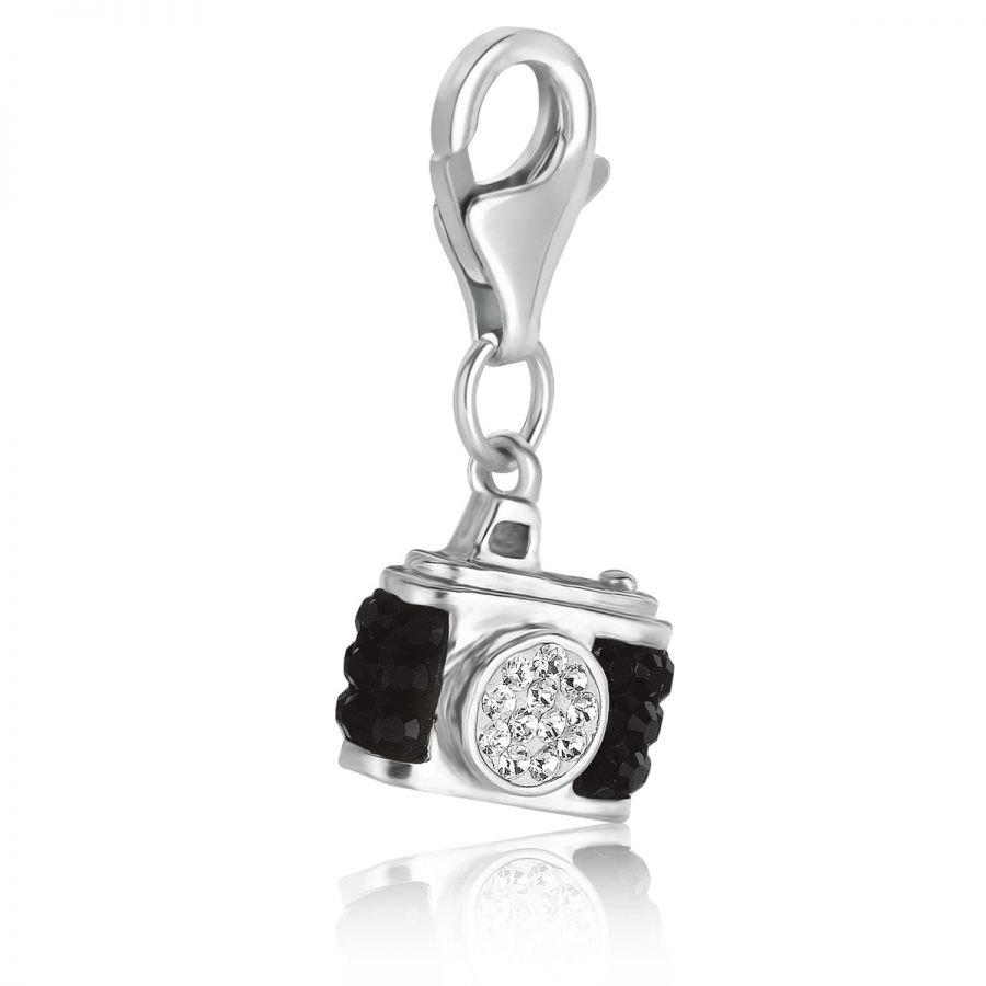 Sterling Silver Camera Charm with Black and White Tone Crystal Accents