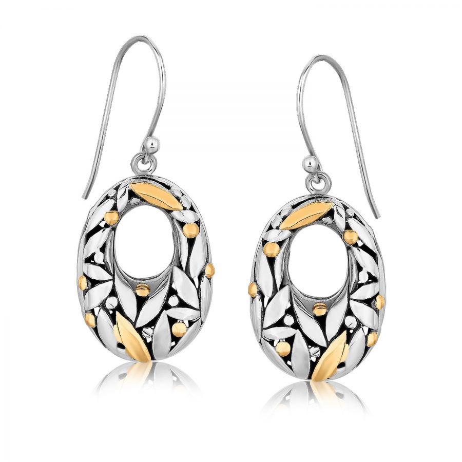 18K Yellow Gold and Sterling Silver Graduated Drop Earrings with Leaf Motifs
