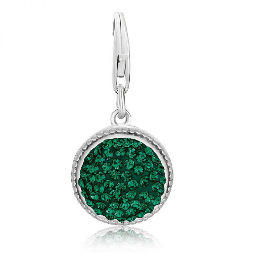 Sterling Silver Dark Green Tone Crystal Embellished Charm in Round Design