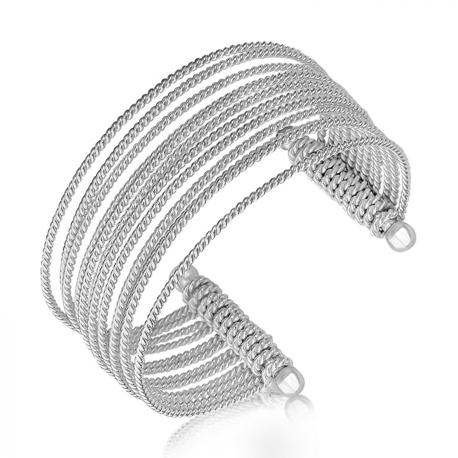 Sterling Silver Multi Strand Cable Wire Cuff with Rhodium Plating