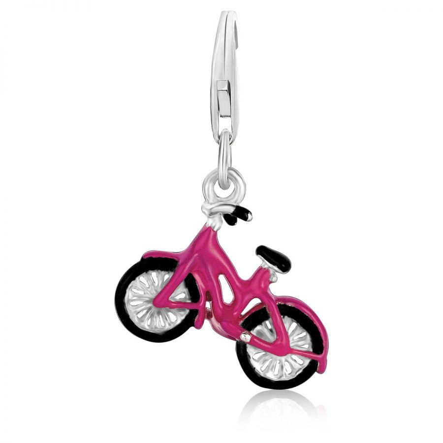 Sterling Silver Bicycle Charm with Black and Pink Enamel Coating