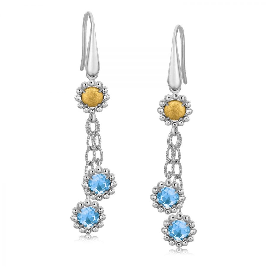 18K Yellow Gold and Sterling Silver Flower Motif Blue Topaz Dangling Earrings