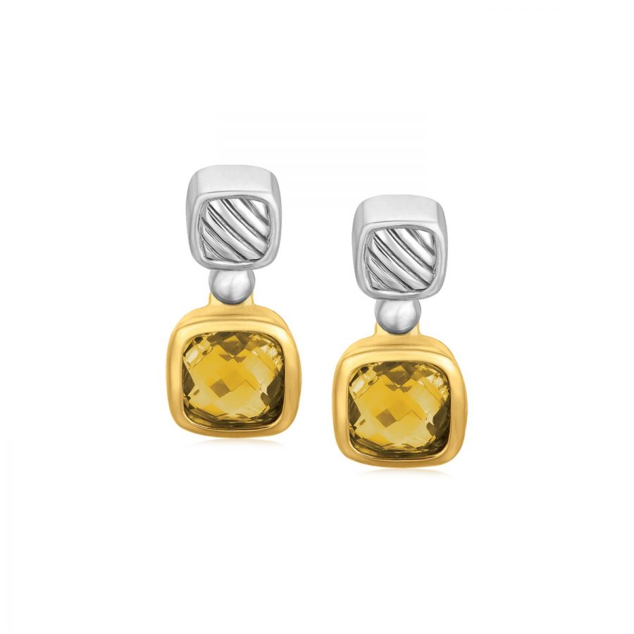 18K Yellow Gold and Sterling Silver Earrings with Bezel Set Cushion Cut Citrines